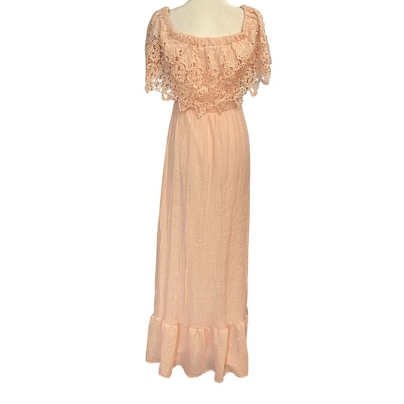 Dress Day Peasant Gauzy Maxi Dress Size S Pink Crochet Neck Boho Hippie 70s Airy - Picture 5 of 8
